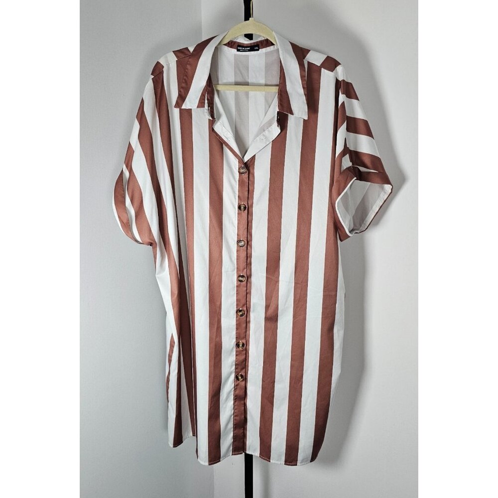 SHEIN LUNE Brown and White Striped Button Front Shirt Dress Without Belt - SZ 4X